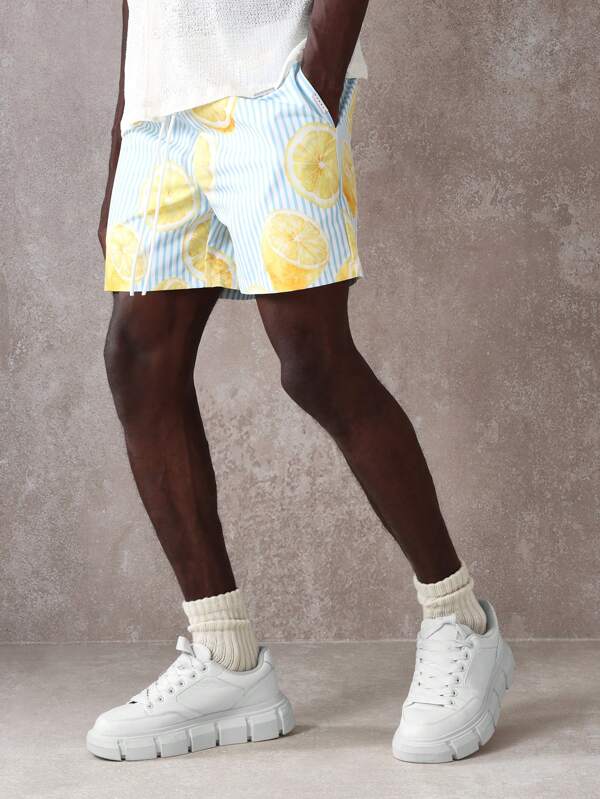 SUMWON Lemon Print Nylon Swim Shorts Summer Beach Casual Quick-Dry Pool Vacation Athletic Modern Striped Regular Fit Board Shorts Above Knee Spring Resort Wear