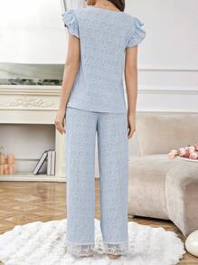 SHEIN 女士提花刺绣花卉V领卷边睡衣套装节日季 - 淺藍色 - 查看 2