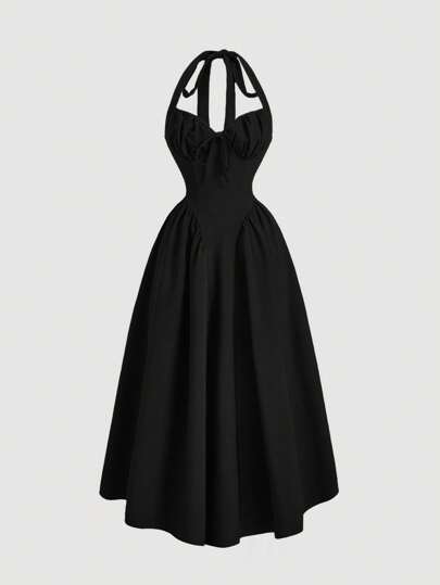 SHEIN MOD Women's Halter Neck Ruched Bow Swing Dress, Black Color Party Women Outfits,Masquerade Ball Dress,Birthday Women Outfits,Sexy Black Dress,Dress With Bow Dress,Princess Women Dress,Spring/Summer Outfits,Graduation Dresses,Halter Neck Dress, Tea Party Dress,Elegant Black Dress, Women's Party Dress,Birthday Dress