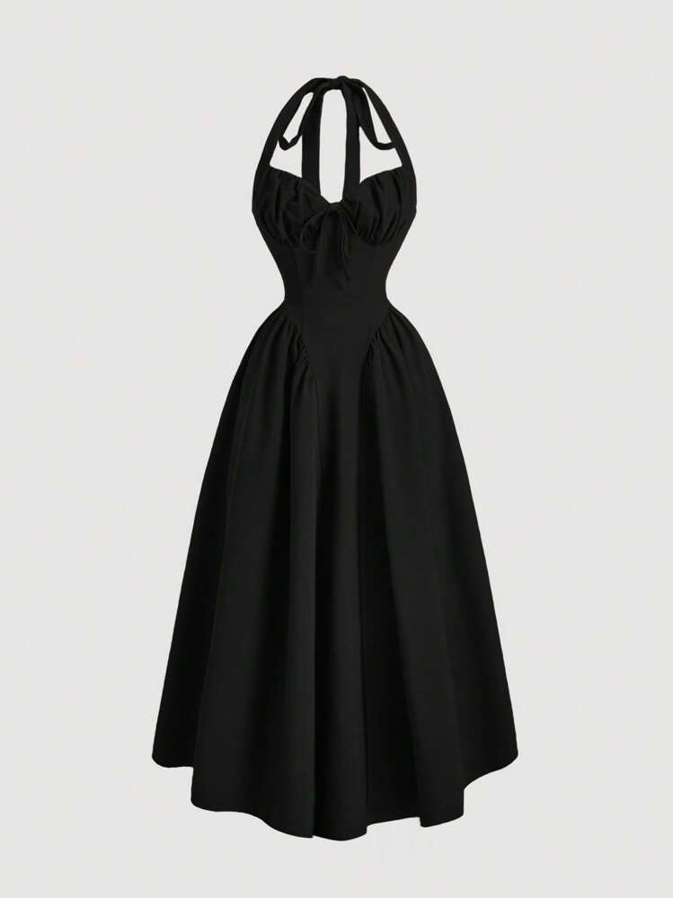 SHEIN MOD Đầm xòe cổ yếm xếp ly thắt nơ dành cho nữ, màu đen, thích hợp dự tiệc, dạ hội, tiệc hóa trang, sinh nhật, đầm đen gợi cảm, đầm có nơ, đầm công chúa, đầm hè, đầm tốt nghiệp. - màu đen - Xem 1
