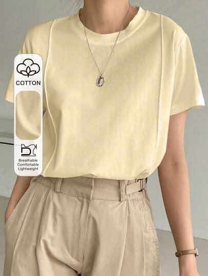 Dazy-Less Camiseta de manga corta para mujer, de unicolor, minimalista, de patchwork a rayas, para un estilo de negocios casuales