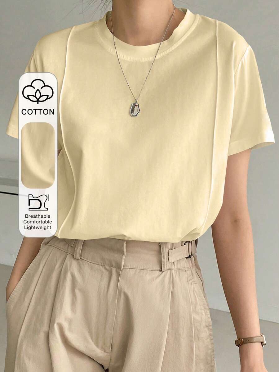 Dazy-Less Camiseta de manga corta para mujer, de unicolor, minimalista, de patchwork a rayas, para un estilo de negocios casuales - Amarillo - Ver 1