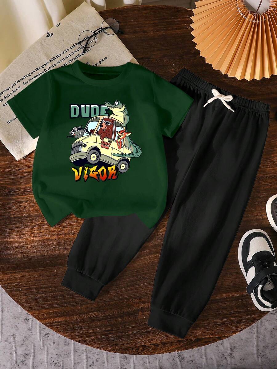 GraphicGems 2pcs Boys Casual Cartoon Print Short Sleeve T-Shirt And Pants Set - Army Green - View 1
