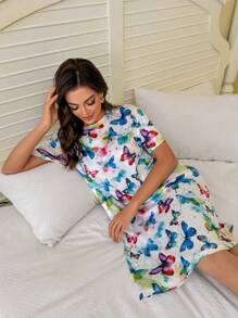 SHEIN Áo ngủ nữ cổ tròn tay ngắn in hình bướm màu nước - Nhiều màu - Xem 6