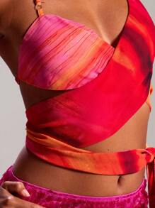 MUSERA Cropped com Alças Finas em Chiffon com Estampa Cruzada, Sexy, Férias em Ibiza, Primavera, Festival, Roupa de Praia Romântica e Elegante, Aniversário, Rave, Tequila Sunrise, Saída, Boate, Elegante Verão - Multicolorido - Visão 6