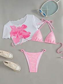 Swim Mod 3pcs/Set Women's Textured Fabric Twist Front Spaghetti Strap, Elegant Tank Top, Bikini Set For Summer - Pink - View 2