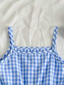 SHEIN Vintaside Kids Baby Girls Summer Valentine's Day Blue And White Plaid Cami Dress In Woven Fabric. Suitable For Home Leisure, Taking Photos, To Play, Walking In The Park, Walking By The Sea, To Participate In The Party - Blue and White - View 6