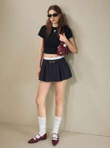 Muvela Váy mini xếp ly túi màu xanh navy cạp thấp cho nữ, váy mùa hè thường ngày - Màu xanh hải quân - Xem 2