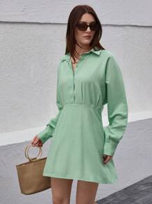 EURMUSE Solid Button Front Shirt Dress - Mint Green - View 3