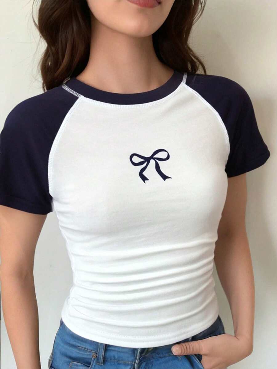 SHEIN 少女休闲撞色蝴蝶印花针织圆领收腰上衣，春夏