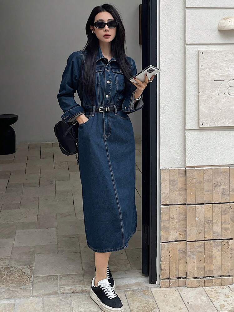 Women Front Button Long Sleeve Pocket Casual Dress Fall Shirt Dress, Back To School Clothes Dress