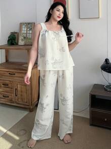Dazy Plus Plus Size All-Over Floral Print Loose Camisole Top And Pants Home Pajama Set, Back To School Clothes