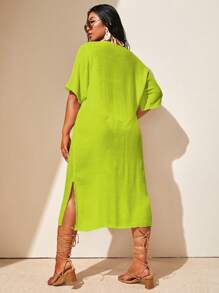 Slaydiva Plus Size Women's Hand-Knitted Plus Size Short Sleeve Long Cover Up For Summer Beach Vacation - Mint Green - View 2