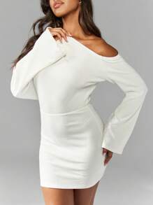 MISSGUIDED Asymmetric Off Shoulder Long Flare Sleeves Drape Mini Dress