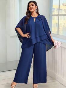 SHEIN Belle 2pcs Plus Size Chiffon Multi-Layer V-Neck Short Sleeve Blouse + Straight Loose Pants Casual Outfit For Work - Navy Blue - View 7