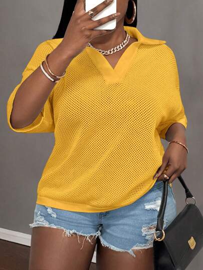 Slaydiva Plus Size Women Loose Solid Beige V-Neck Drop Shoulder Openwork Knitted Casual Vacation Shirt Top, Spring/Summer