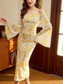 Vintamour 复古优雅玫瑰花卉印花网眼褶皱喇叭袖露肩修身连衣裙，适合女士、派对和休闲场合，感恩节女装性感女装秋季服装露肩性感女装圣诞女装优雅女装感恩节服装返校节服装花卉女装冬季女装圣诞女装音乐会女装冬季女装仙女装性感派对礼服女式轻盈连衣裙 - 黃色 - 查看 2