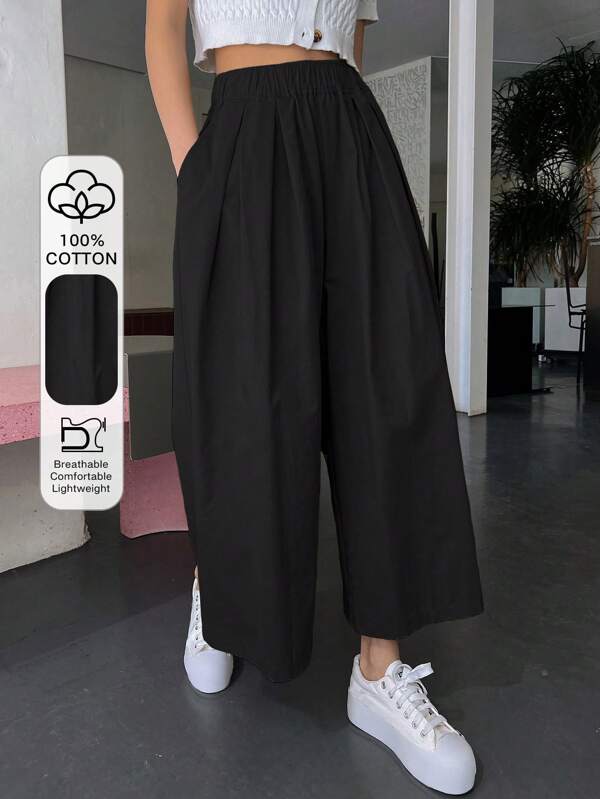 DAZY Pantalones De Pierna Amplia Sólidos Con Detalles Plegados Y Bolsillos Diagonales