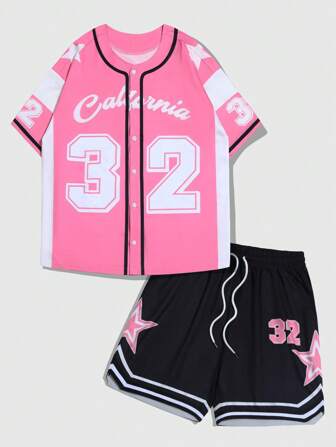 Prep Men's Contrast Color Patchwork Numeral Print Baseball Shirt + Casual Shorts 2pcs Set