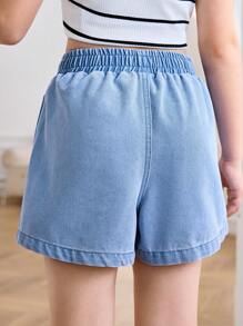 Tween Girls Summer Casual Light Washed Letter Elastic Waist Striped Casual Baggy Shorts - Light Wash - View 2