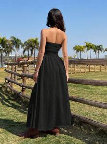 SHEIN EZwear Women's Black Strapless Maxi Dress: Sleeveless Woven Fabric Flared Hem Casual Style Long Dress - Black - View 3