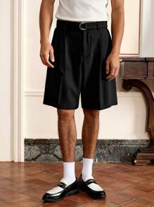 SWAVVY Men's Woven Fashion Casual Loose Solid Color Straight Leg, Black Summer Shorts Includes Belt, For Daily Summer School