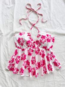 Soleia Femme Blouse ras-du-cou à Nouer Devant avec Imprimé Floral Rose et Blanc pour Vacances, Mariage, Fête, Vacances, Festival de Musique, Style Bohème Chic - Rose bonbon - Voir 4