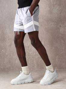 SUMWON Pantalones cortos deportivos de alto rendimiento de lujo con rayas en bloque, shorts de ejercicio de ocio de alta gama, pantalones cortos modernos para entrenamiento físico, cintura elástica, ropa deportiva de actividad física