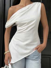 SHEIN EZwear Women's White Casual Top: Asymmetrical Neck, One Cap Sleeve, And Ruched Detailing For A Chic Look - White - View 4
