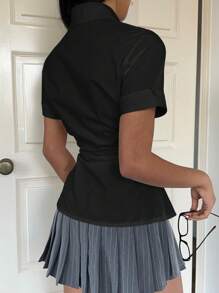 SHEIN EZwear 女式纯色荷叶边单排扣休闲短袖衬衫 - 黑色 - 查看 2