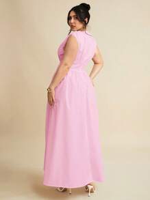 SHEIN BAE New Solid Color Plus Size Sleeveless Waist Cinched Long Maxi Slit Dress, Spring/Summer,Birthday Dresses For Women - Baby Pink - View 2