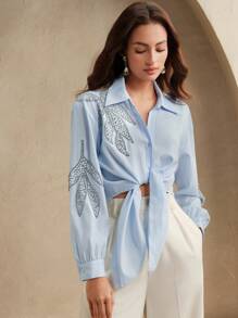 Anewsta Áo sơ mi cổ đứng tay dài đính đá Rhinestone thanh lịch dành cho nữ công sở, thích hợp cho lễ hội, ngày lễ, mùa xuân, phong cách thành thị - Màu xanh lam - Xem 1