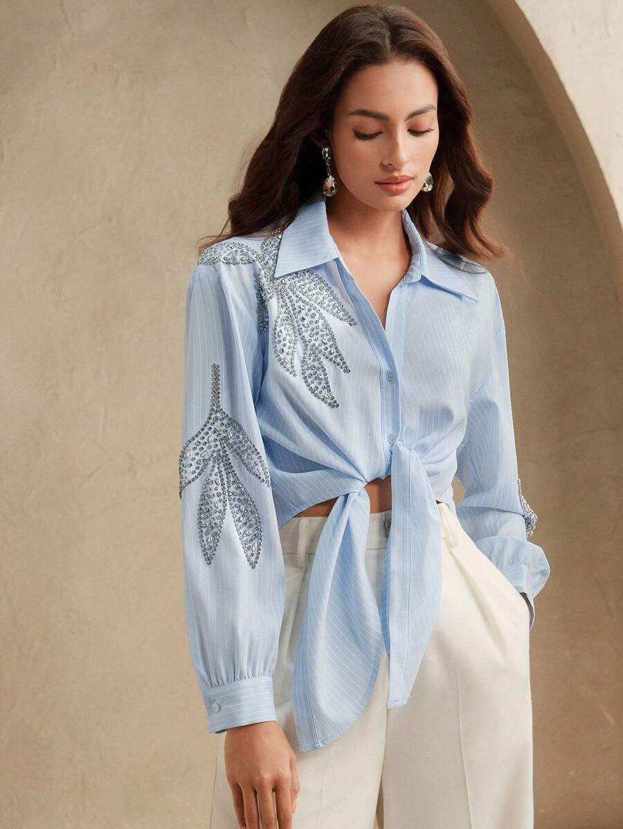 Anewsta Áo sơ mi cổ đứng tay dài đính đá Rhinestone thanh lịch dành cho nữ công sở, thích hợp cho lễ hội, ngày lễ, mùa xuân, phong cách thành thị - Màu xanh lam - Xem 1