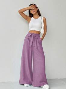 Zielony Pantalones casuales anchos y sueltos con cintura de corbata de unicolor para mujeres