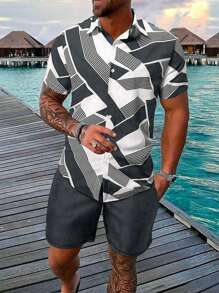 Manfinity Homme 2pcs Plus Size Men's Summer Casual Colorblock Print Shirt And Shorts Set - Dark Grey - View 1