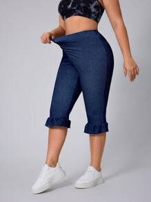 SHEIN Essnce Plus Size Women Batik Print Ruffle Hem Skinny Stretchy Knit Apple Bottom Casual Jeans