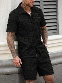 Manfinity Homme 男士两件套：短袖纽扣衬衫配短裤 男士两件套服装 夏季男士两件套服装短套装 男士两件套服装 男士两件套服装短套装 男士两件套服装 - 黑色 - 查看 1