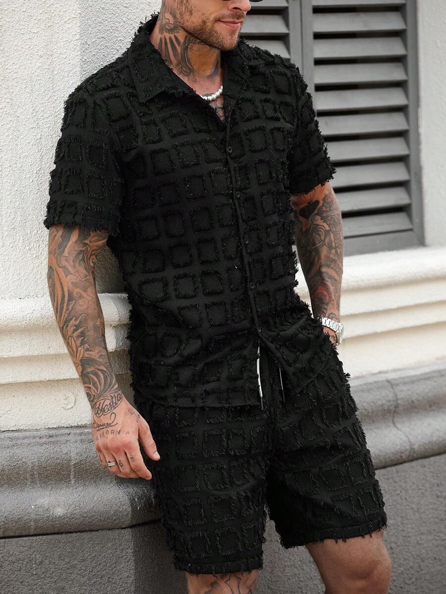 Manfinity Homme 男士两件套：短袖纽扣衬衫配短裤 男士两件套服装 夏季男士两件套服装短套装 男士两件套服装 男士两件套服装短套装 男士两件套服装 - 黑色 - 查看 1