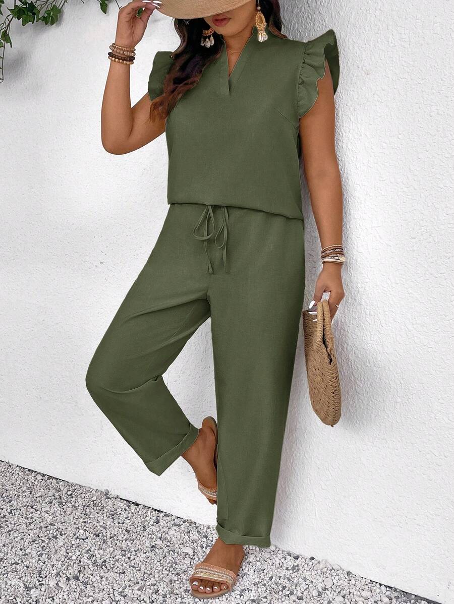 SHEIN Frenchy Plus Size 2pcs/Set Sleeveless Top & Long Pants, Solid Color,Summer Outfits For Women - Army Green - View 1