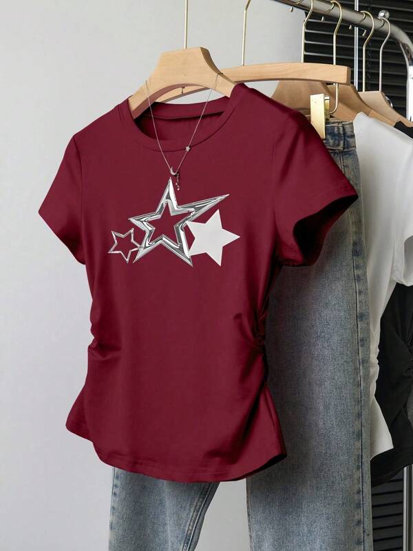 SHEIN Teens Girls' Casual Versatile Star Print Short Sleeve T-Shirt