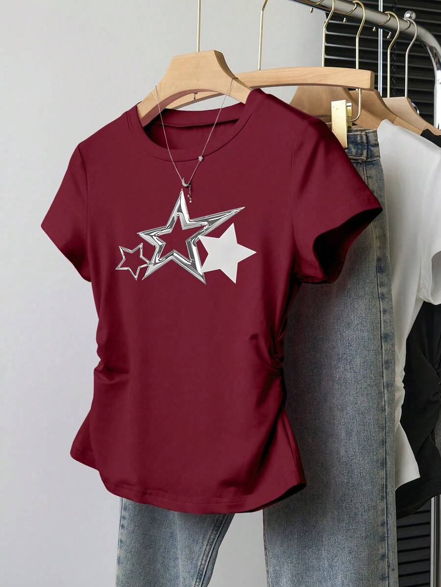 Teens Girls' Casual Versatile Star Print Short Sleeve T-Shirt
