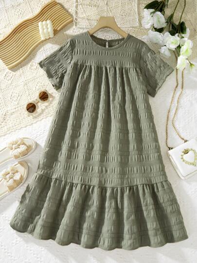 Sparklyn Twee Girl Pink Textured Fabric Comfortable Casual Loose Vacation Dress