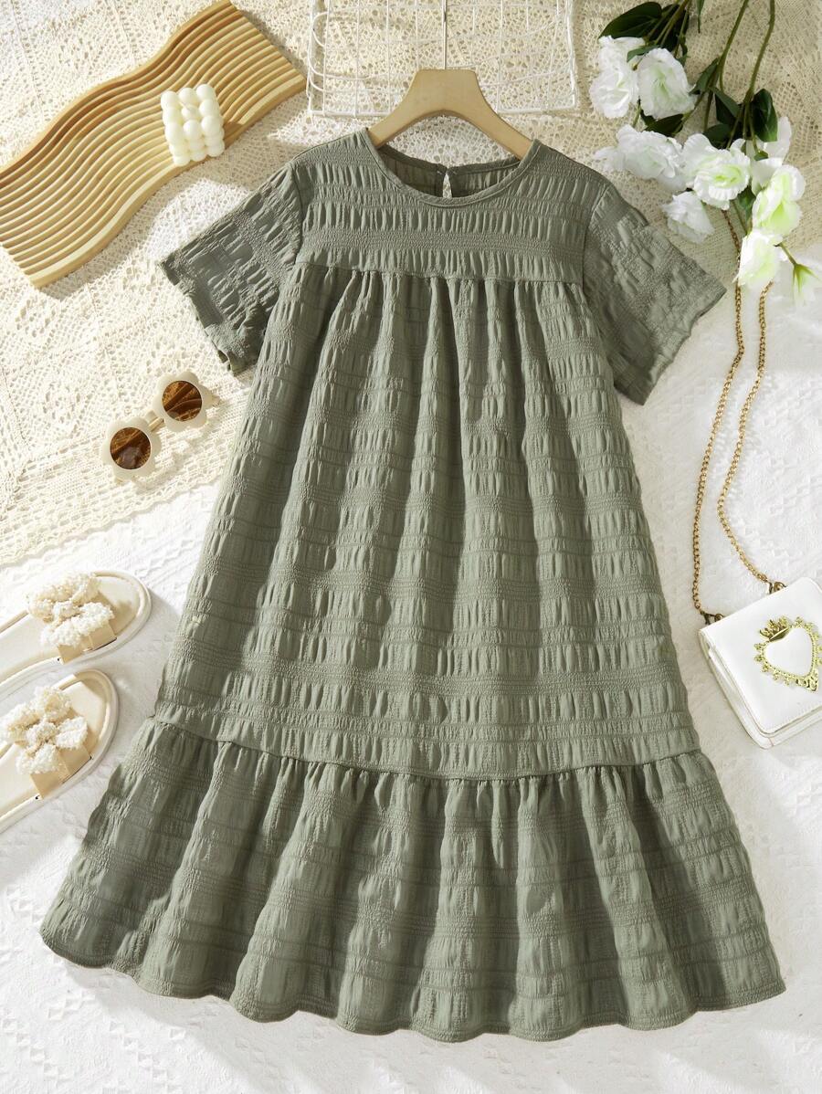 Sparklyn Twee Girl 粉色纹理面料舒适休闲宽松度假连衣裙 - 薄荷綠 - 查看 1