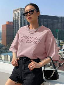 DAZY Slogan Pattern Drop Shoulder Tee KEEP CALM KEEP SMILING Oversized T-Shirt - Dusty Pink - View 6