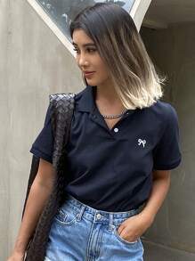 Livesso 蝴蝶刺绣 Polo 领短袖修身女式 T 恤夏季商务休闲女式学院风上衣 - 藏蓝色 - 查看 11