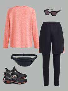 SHEIN Leap Crew 2pcs Tween Boy Sports & Casual Outfit: Soft, Comfortable Graphic Print Crew Neck T-Shirt And Contrast Color Letter Print Splice Leggings Pants, Suitable For Spring/Summer, Daily Wear, Outdoor Play, School, Street, Party, And Leisure - Multicolor - View 2