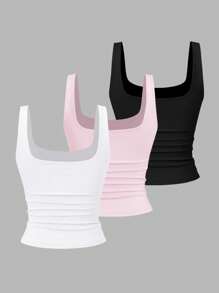 Sweetra 女士休闲印花短款方领褶皱吊带背心，夏季 - 彩色 - 查看 2