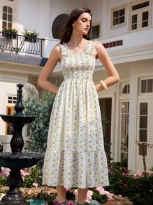 Chiquease Vestito midi con stampa floreale senza maniche, con volant, stile casual da resort per le donne