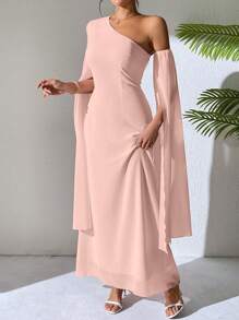 SHEIN Unity 女式优雅不对称领口长袖束腰纯色 A 字长裙，春夏 - 粉色 - 查看 4