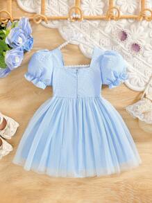 SHEIN Glamorique Kids Baby Girl Square Neck Puff Sleeve Mesh Princess Vacation Dress Baby Princess Dress Princess Dress Toddler Party Princess Dress For Baby Princess Dress For Toddlers Elegant Dresses For Baby Girl